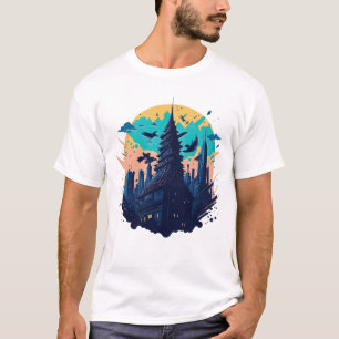 Cyberpunk-farbene Stadt im Wasserfarbenstil T-Shirt