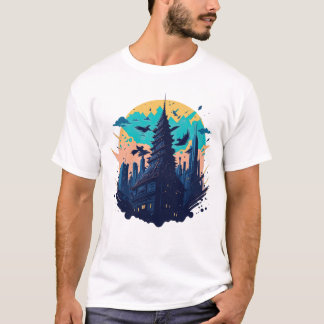 Cyberpunk-farbene Stadt im Wasserfarbenstil T-Shirt