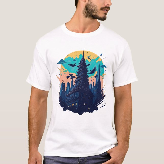 Cyberpunk-farbene Stadt im Wasserfarbenstil T-Shirt (Vorderseite)