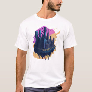 Cyberpunk-farbene Stadt im Wasserfarbenstil T-Shirt