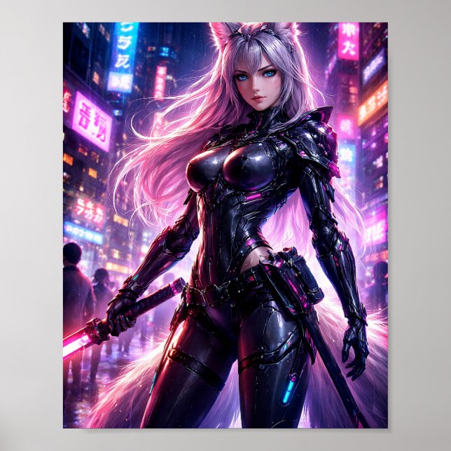 Cyberpunk Fuchs Krieger Neon Stadt Poster (Vorne)