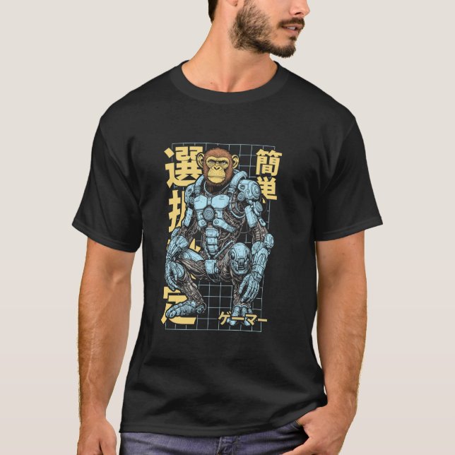 Cyberpunk Gamer Ape Cyber Enhanced Monkey Robot un T-Shirt (Vorderseite)