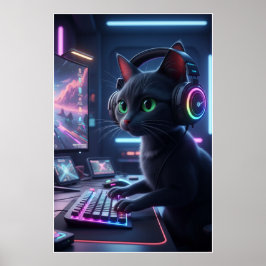 Cyberpunk Gamer Cat Art Poster