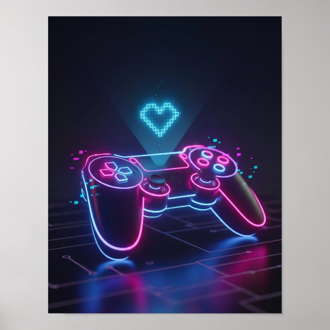 Cyberpunk-Gaming-Controller – Neon-Pixel-Herz Poster (Vorne)