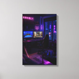 Cyberpunk-Gaming-Setup Neon-Raum-Ästhetik-Kunst-Po Leinwanddruck
