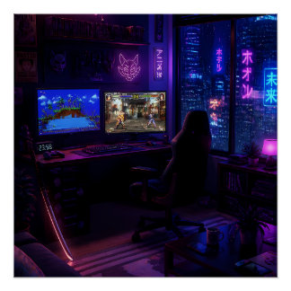 Cyberpunk-Gaming-Setup Neon-Raum-Ästhetik-Kunst Poster