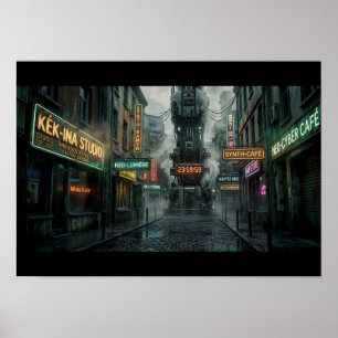 Cyberpunk-Gasse mit Regen Neon-Turm Steampunk Poster