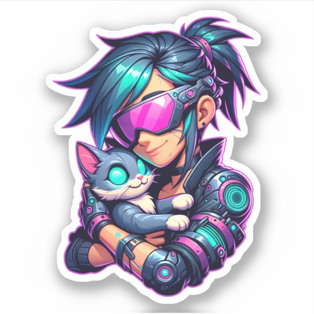 Cyberpunk Girl and Cat Aufkleber (Vorderseite)