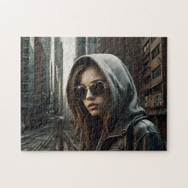 Cyberpunk Girl Hoodie Dystopian Puzzle