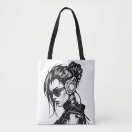Cyberpunk-Girl mit Kopfhörer-Tote-Tasche