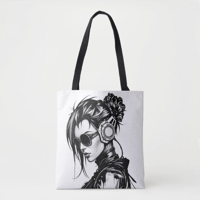 Cyberpunk-Girl mit Kopfhörer-Tote-Tasche (Vorderseite)