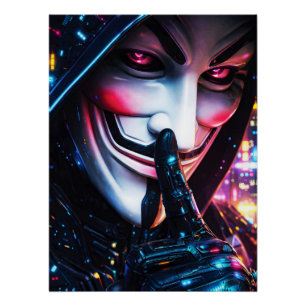 Cyberpunk-Hacker-Maske Shush Neon-Glanz Poster