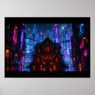 Cyberpunk Halloween Spukhaus Neonstadt Poster