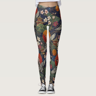 Cyberpunk Japanische Kraniche und Sakura Nahtlos  Leggings
