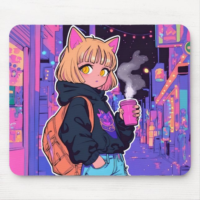 Cyberpunk-Katz Mädchen-Mauspad – Neonaesthetic Mousepad (Vorne)