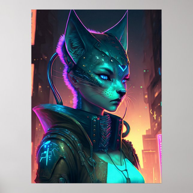 Cyberpunk-Katzenfrau in Neonstadt Poster (Vorne)