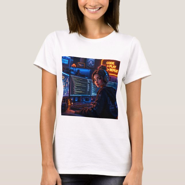 Cyberpunk-Mädchen-Coder-T-Shirt - Neon-Gaming-Ästh T-Shirt (Vorderseite)