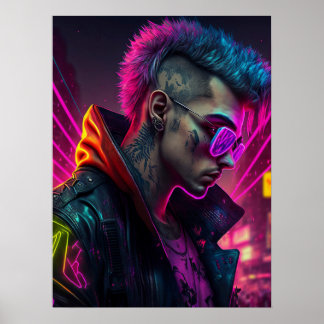 Cyberpunk-Mädchen in Neonstadt Poster