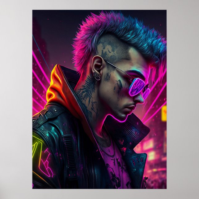 Cyberpunk-Mädchen in Neonstadt Poster (Vorne)