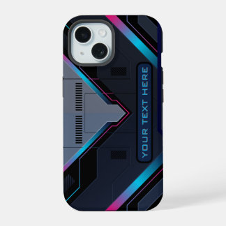 Cyberpunk Mecha Armor Neon Blue Purple Custom Name iPhone 15 Hülle