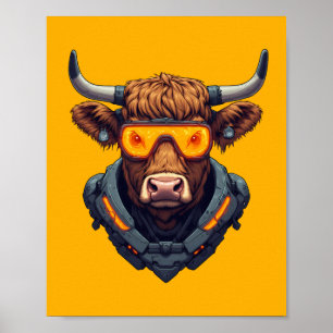 Cyberpunk-Mecha-Hochlandkuh Neonorange Gamer Poster