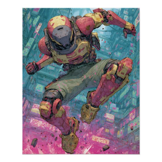 Cyberpunk Mecha Pilot Leap Neon City Action Art Poster (Vorderseite)