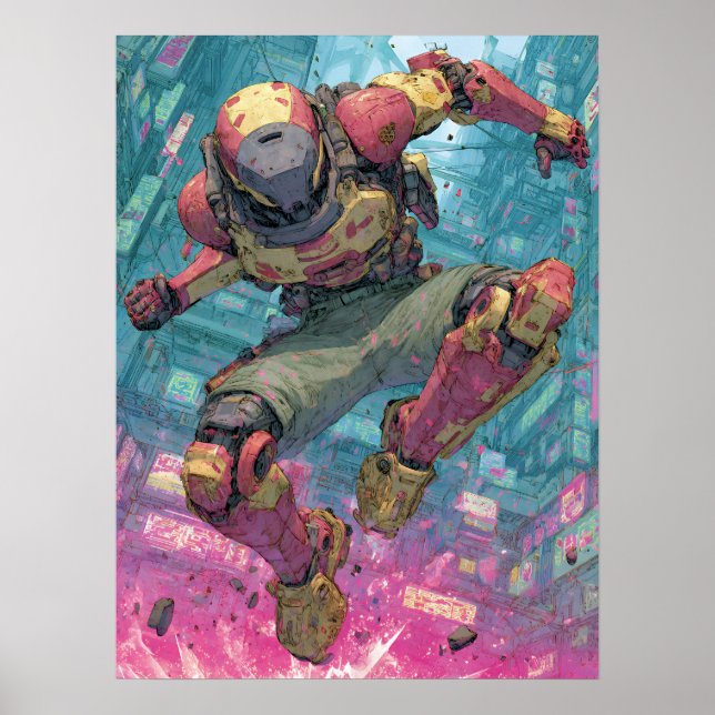 Cyberpunk-Mecha-Pilot springt durch neonfarbene St Poster (Vorne)
