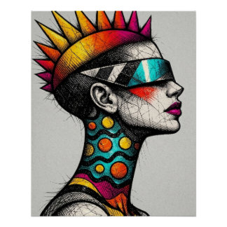 Cyberpunk Mohawk Woman Portrait Poster