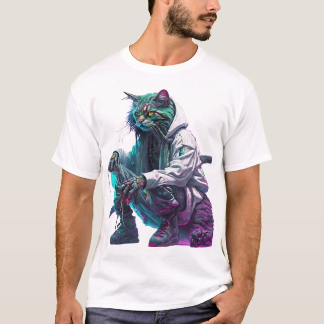 Cyberpunk Neon Cat in Urban Streetwear T-Shirt (Vorderseite)
