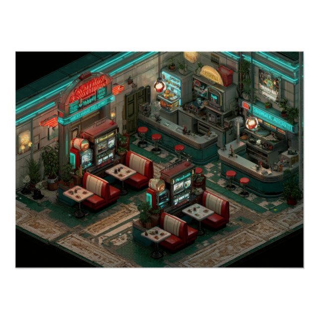 Cyberpunk-Neon-Diner-Isometrische Kunst Poster (Vorderseite)