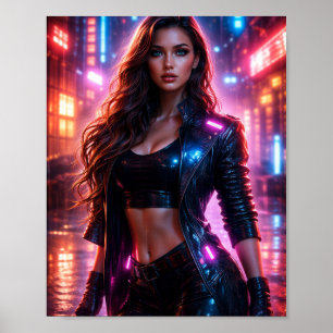 Cyberpunk Neon Frau Stadt Poster