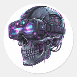 Cyberpunk-Neon-Glitch-VR-Totenkopf-Gamer-Grafik Runder Aufkleber