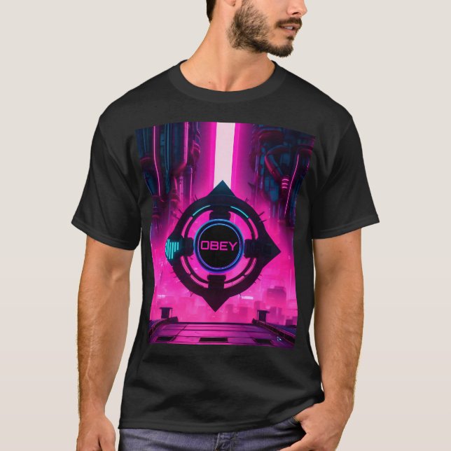 Cyberpunk Neon Obey Dystopian Sci-Fi City T-Shirt (Vorderseite)