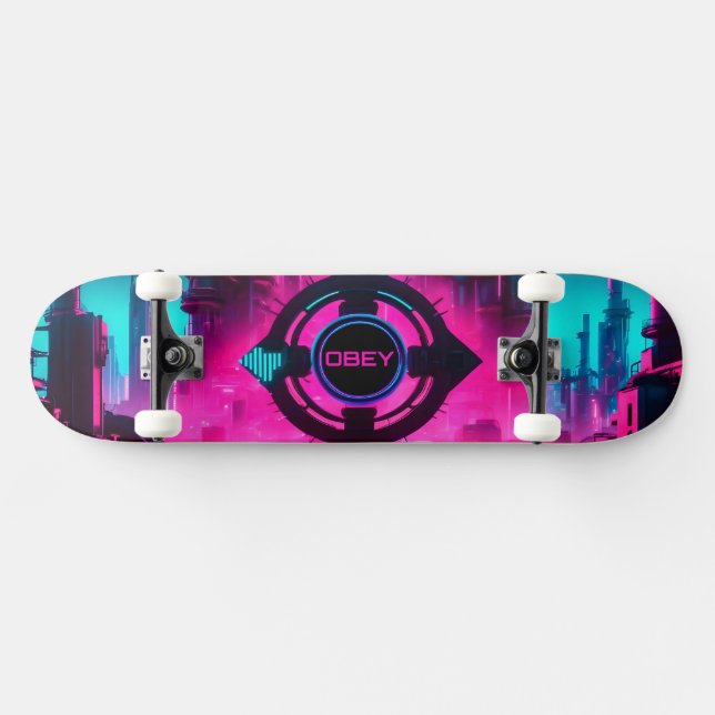Cyberpunk Neon Obey Streetwear Sci-Fi City Skateboard (Horizontal)