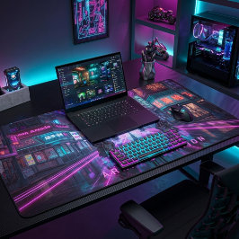 Cyberpunk-Neon-Stadt-Nacht-Ästhetik-Gaming Schreibtischunterlage