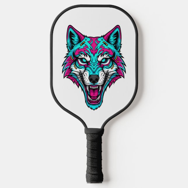 Cyberpunk-Neon-Wolf - Synthwave-Roboter-Tier Pickleball Schläger (Vorderseite)