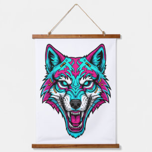Cyberpunk-Neon-Wolf - Synthwave-Roboter-Tier Wandteppich Mit Holzrahmen