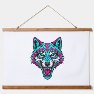 Cyberpunk-Neon-Wolf - Synthwave-Roboter-Tier Wandteppich Mit Holzrahmen