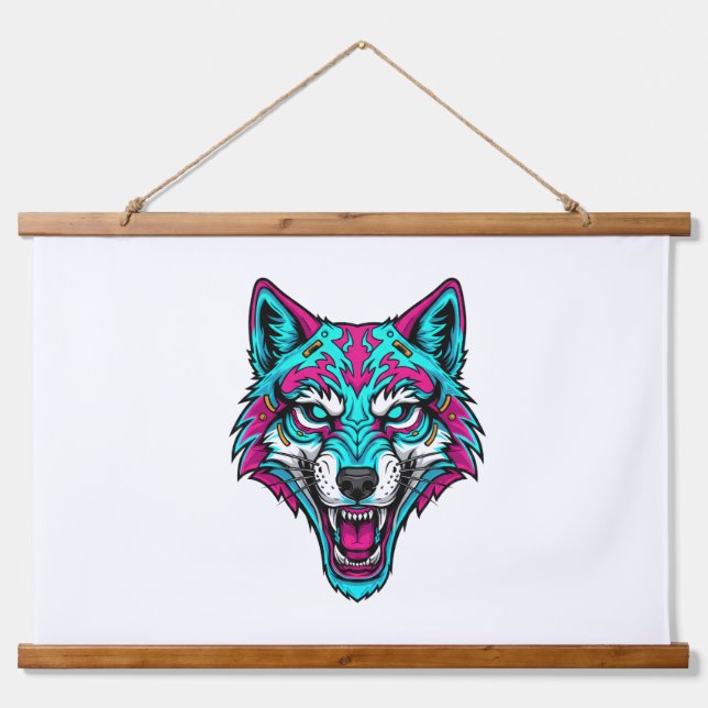Cyberpunk-Neon-Wolf - Synthwave-Roboter-Tier Wandteppich Mit Holzrahmen (Vorne)