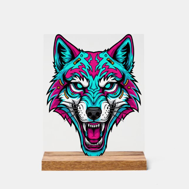 Cyberpunk Neon Wolf - Synthwave Robotic Animal Acrylschild (Vorderseite)