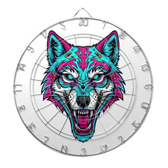 Cyberpunk Neon Wolf - Synthwave Robotic Animal Dartscheibe (vorne)