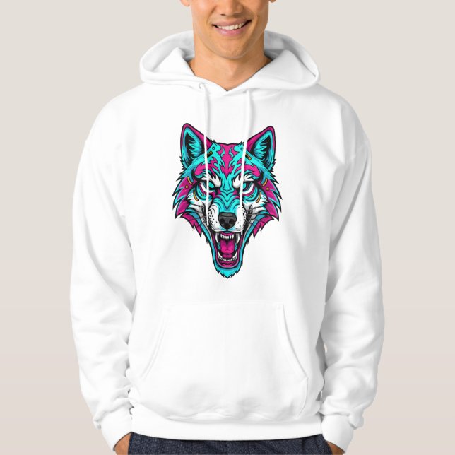 Cyberpunk Neon Wolf - Synthwave Robotic Animal Hoodie (Vorderseite)