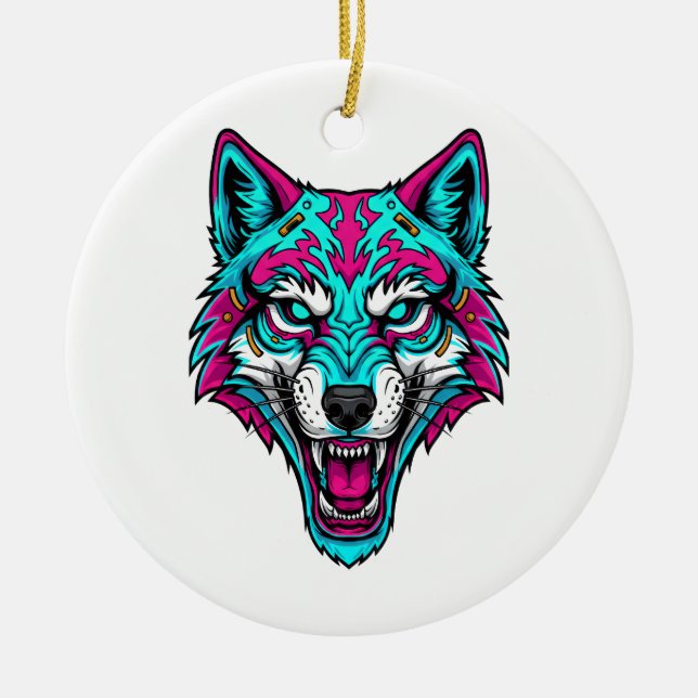Cyberpunk Neon Wolf - Synthwave Robotic Animal Keramik Ornament (Vorne)