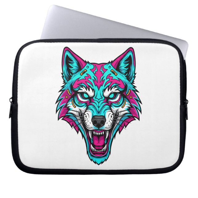 Cyberpunk Neon Wolf - Synthwave Robotic Animal Laptopschutzhülle (Vorderseite)