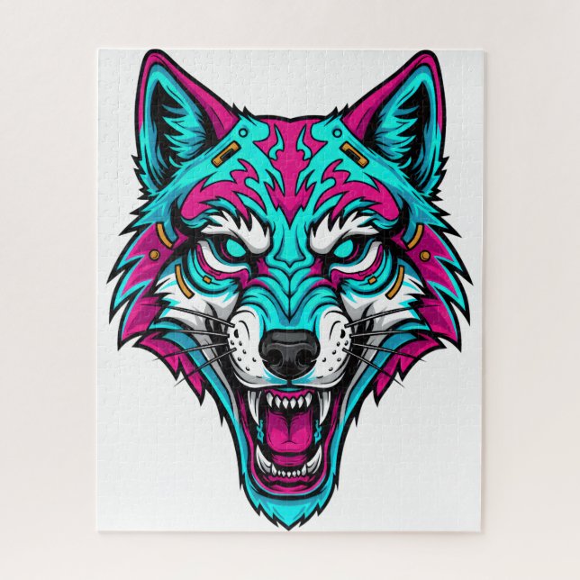 Cyberpunk Neon Wolf - Synthwave Robotic Animal Puzzle (Vertikal)