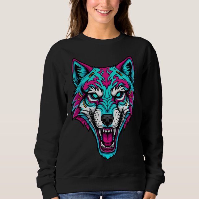 Cyberpunk Neon Wolf - Synthwave Robotic Animal Sweatshirt (Vorderseite)