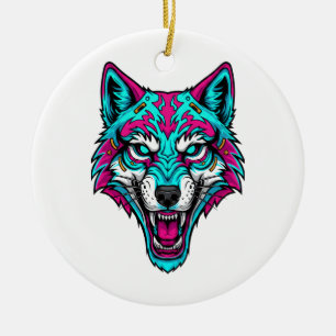 Cyberpunk Neon Wolf - Synthwave Robotisches Tier Keramik Ornament