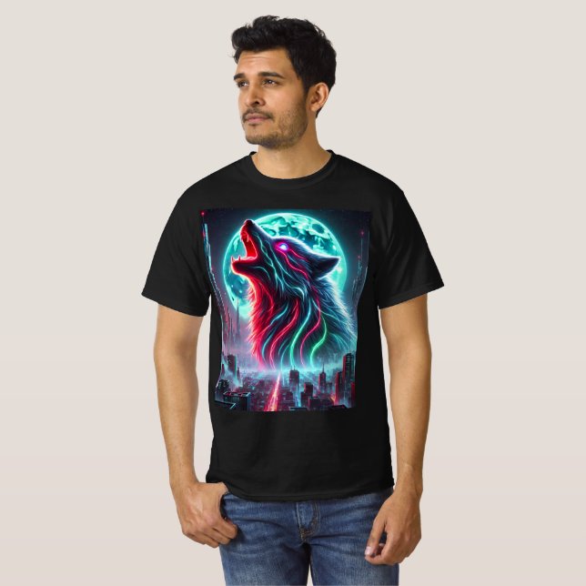 Cyberpunk Neon Wolf T - Shirt Design. (Vorne ganz)