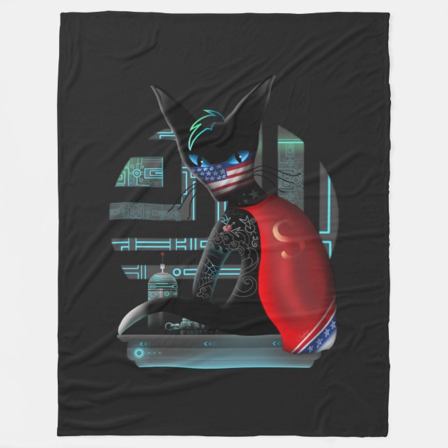Cyberpunk-Ninja-Schwarze Katze Fleecedecke (Vorderseite)