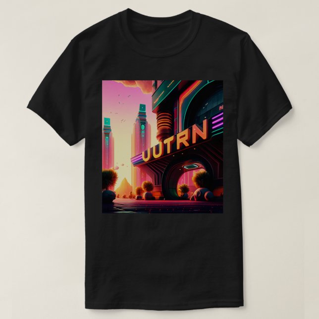 Cyberpunk Outrun City Futuristic AI Generierte Kun T-Shirt (Design vorne)